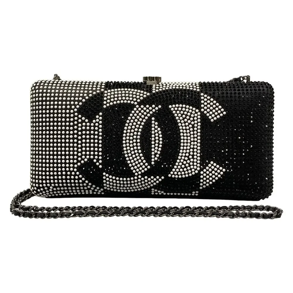 Chanel Shoulder Bag Black White Leather Rhinestones
